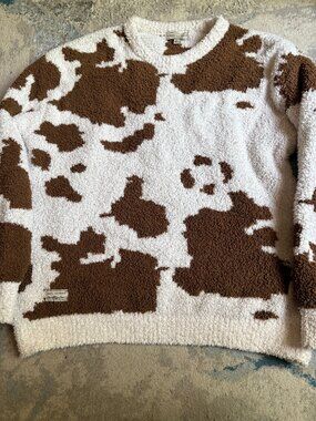 Simply Southern Soft N Cozy Sweater Cow Print Brown & White Size Large
